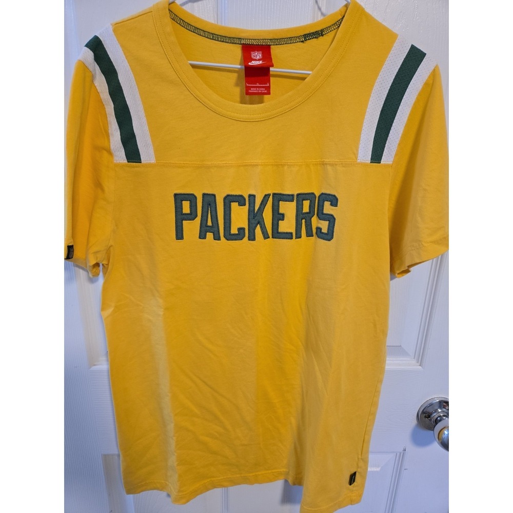 Nike NFL Women's Green Bay Packers Shirt Large Gold Fan Jersey Style Tee EUC!‎